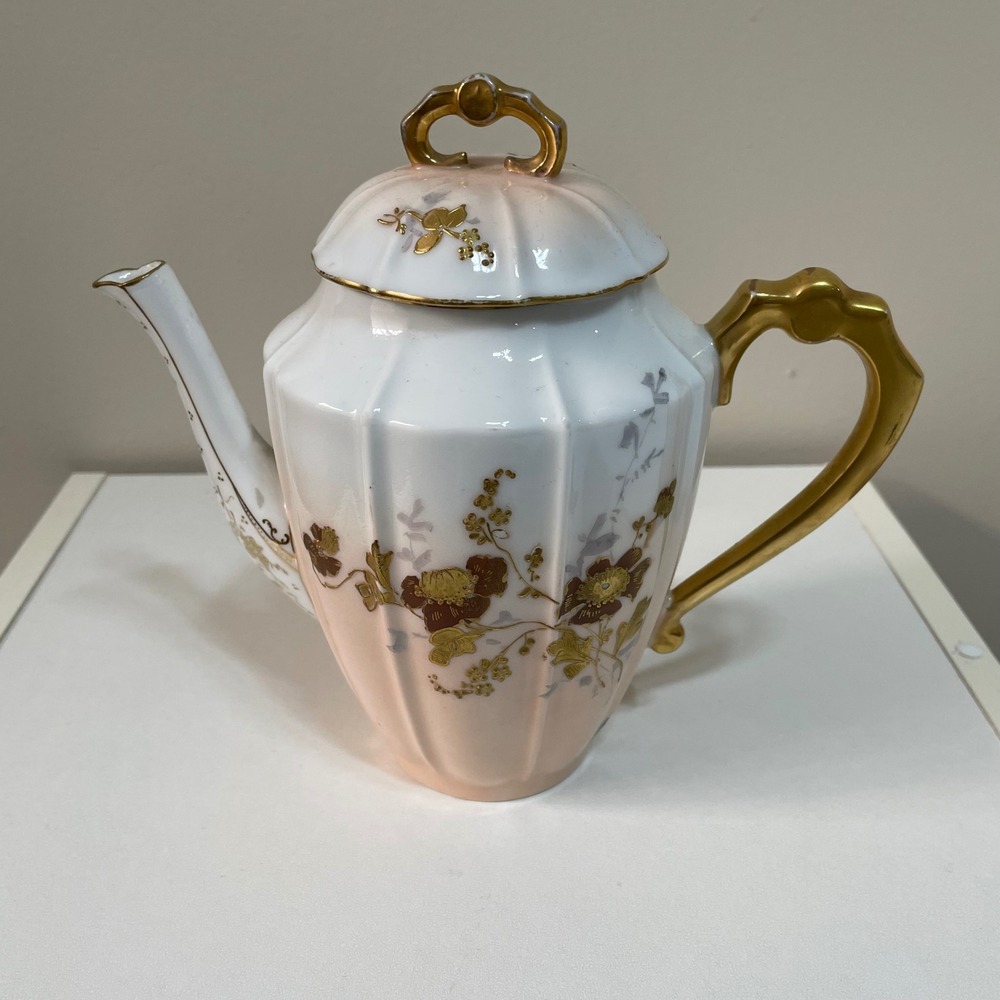 Vintage JC Limoges Teapot Gold Floral Design Porcelain Coffee Tea Server Decor - Picture 2 of 9
